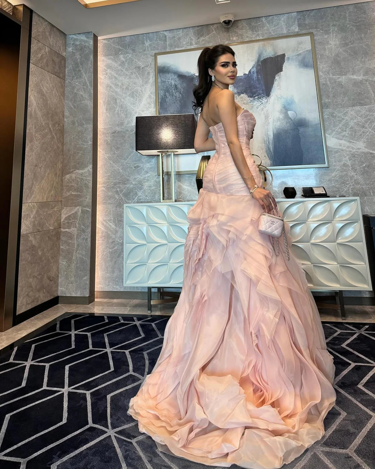 Sweet Pink A-line Strapless Tulle Layered Ruffled Formal Prom Gown Evening Dress TP1995