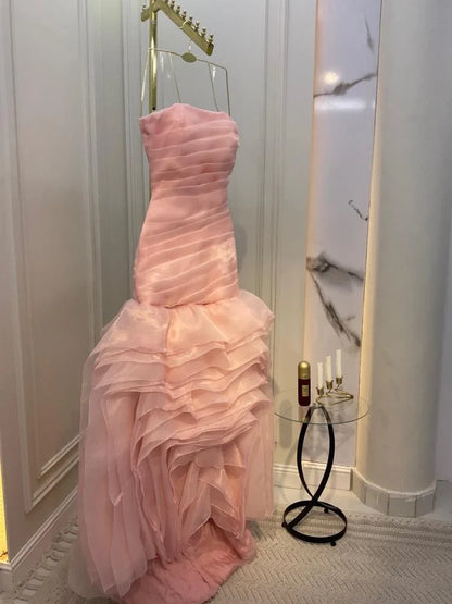 Sweet Pink A-line Strapless Tulle Layered Ruffled Formal Prom Gown Evening Dress TP1995