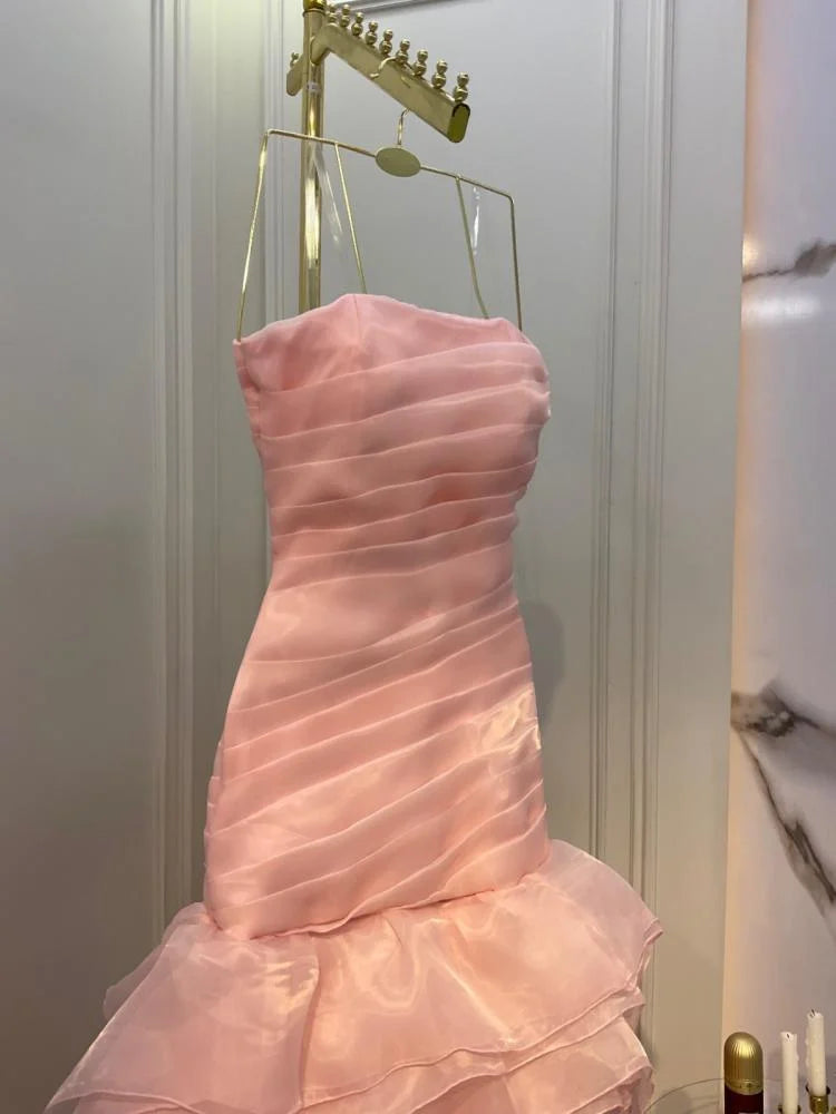 Sweet Pink A-line Strapless Tulle Layered Ruffled Formal Prom Gown Evening Dress TP1995