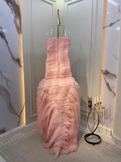 Sweet Pink A-line Strapless Tulle Layered Ruffled Formal Prom Gown Evening Dress TP1995