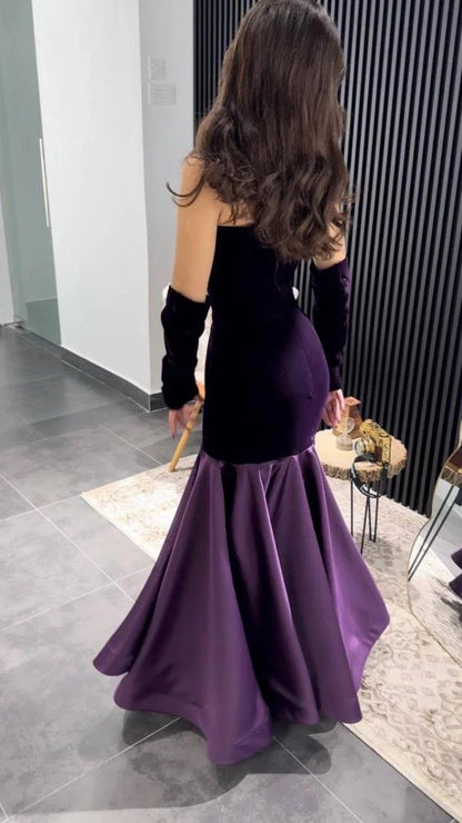 Charming Purple Mermaid Off Shoulder Velvet Satin Floor Length Ball Gown Evening Dress TP1997
