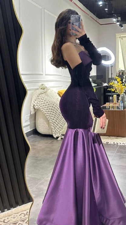 Charming Purple Mermaid Off Shoulder Velvet Satin Floor Length Ball Gown Evening Dress TP1997