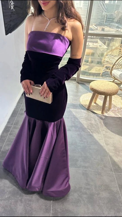 Charming Purple Mermaid Off Shoulder Velvet Satin Floor Length Ball Gown Evening Dress TP1997