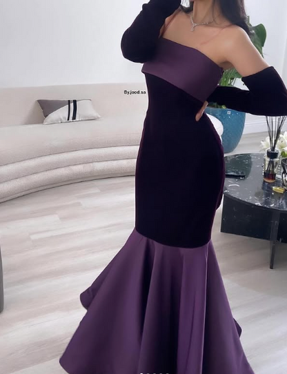 Charming Purple Mermaid Off Shoulder Velvet Satin Floor Length Ball Gown Evening Dress TP1997