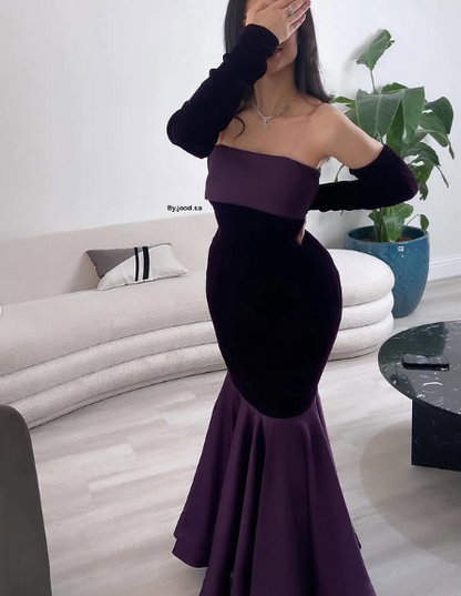 Charming Purple Mermaid Off Shoulder Velvet Satin Floor Length Ball Gown Evening Dress TP1997