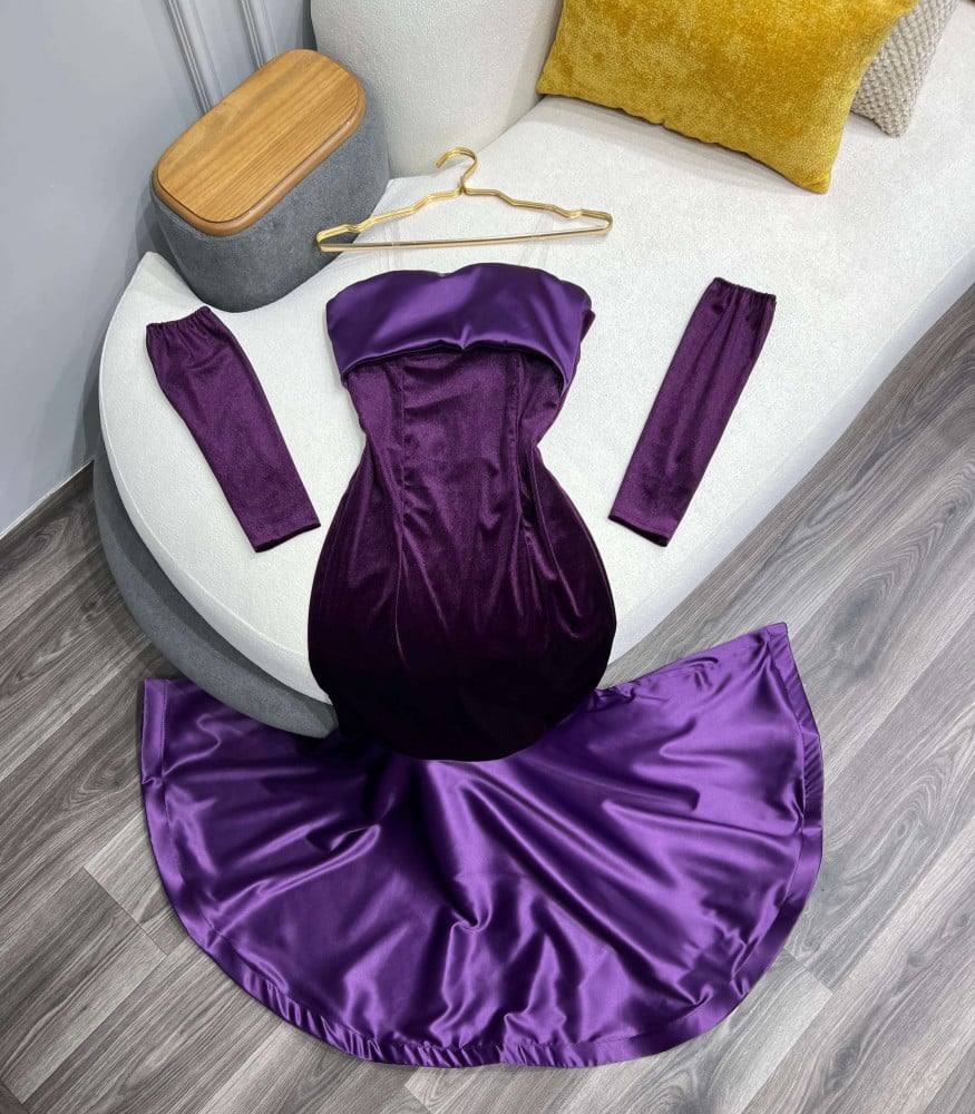 Charming Purple Mermaid Off Shoulder Velvet Satin Floor Length Ball Gown Evening Dress TP1997