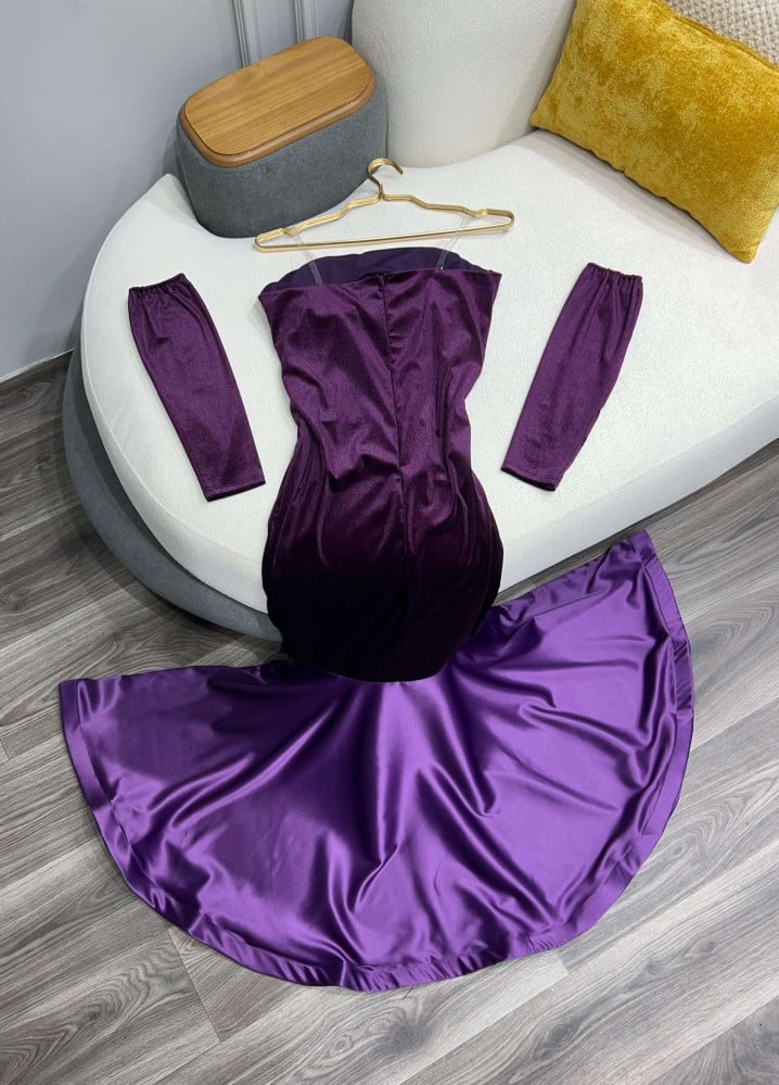 Charming Purple Mermaid Off Shoulder Velvet Satin Floor Length Ball Gown Evening Dress TP1997
