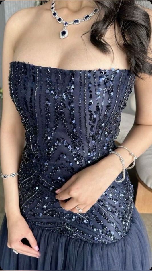 Elegant A-line Strapless Sequined Tulle Formal Prom Gown Evening Dress TP2001