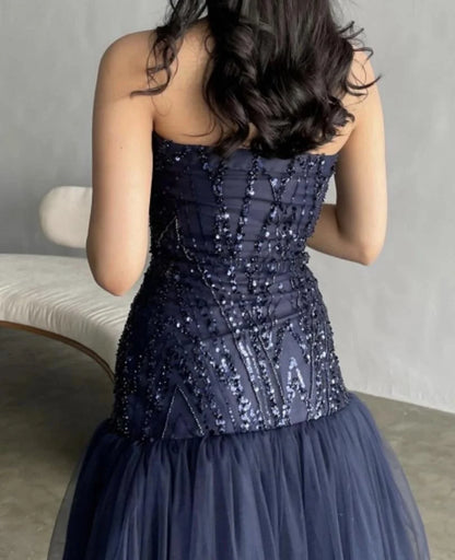 Elegant A-line Strapless Sequined Tulle Formal Prom Gown Evening Dress TP2001