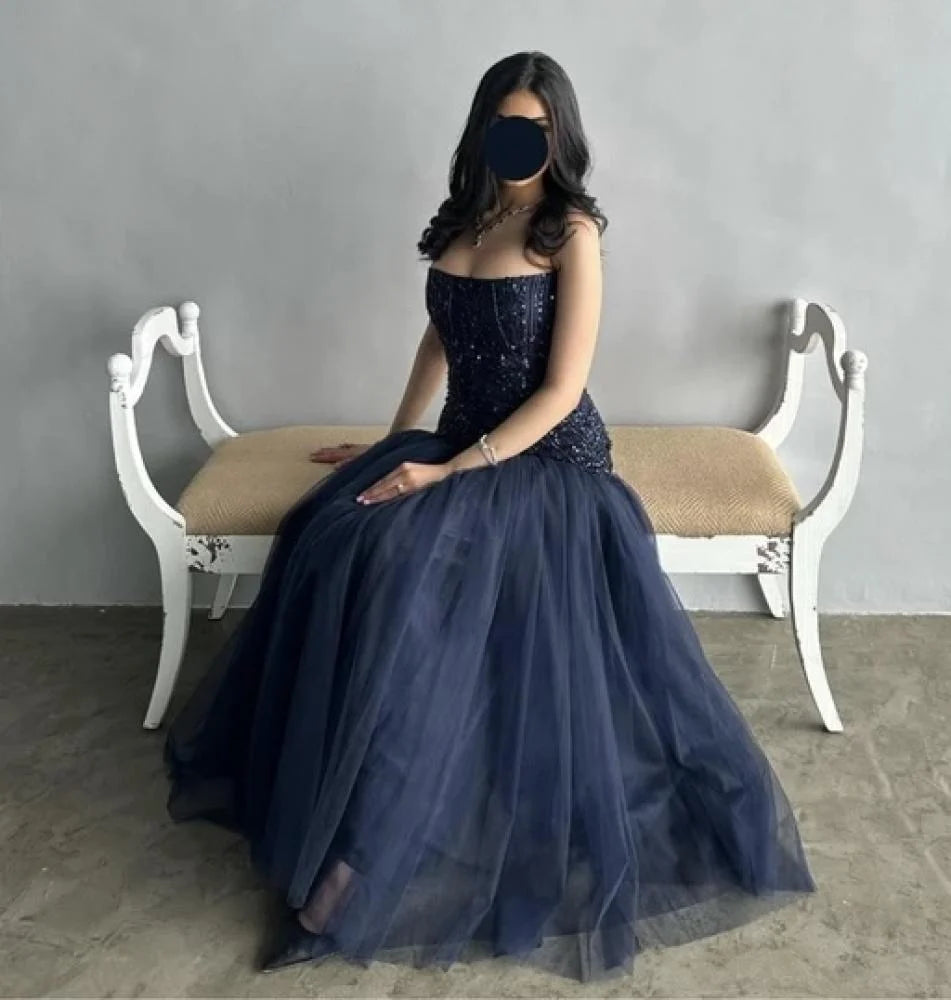 Elegant A-line Strapless Sequined Tulle Formal Prom Gown Evening Dress TP2001