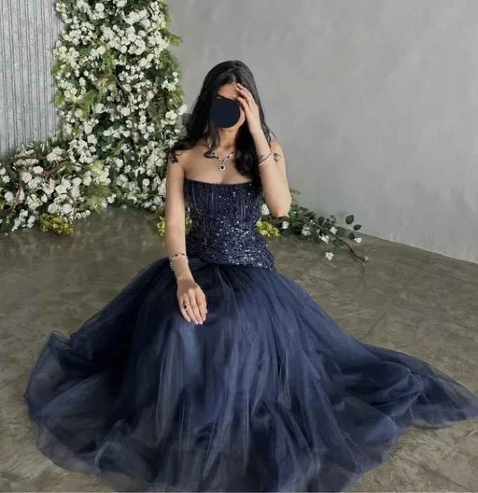 Elegant A-line Strapless Sequined Tulle Formal Prom Gown Evening Dress TP2001