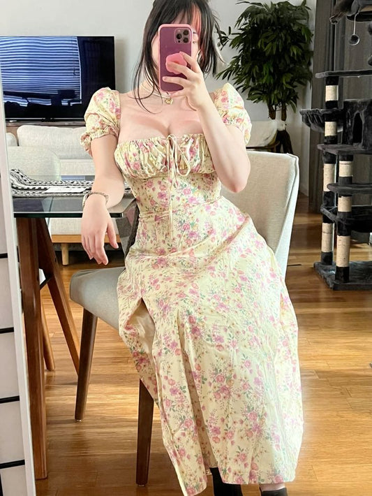 Yellow A-Line Floral Short Sleeve Slit Dress TP2002