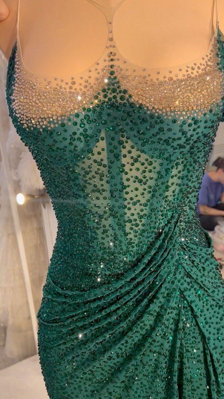 Chic Green Mermaid Off Shoulder Beaded Tea Length Ball Gown Evening Dress TP2004