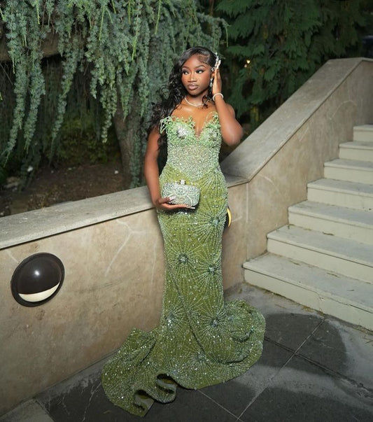 Charming Green Mermaid Off Shoulder Beaded Sequin Floor Length Formal Prom Dress Evening Gown TP2008