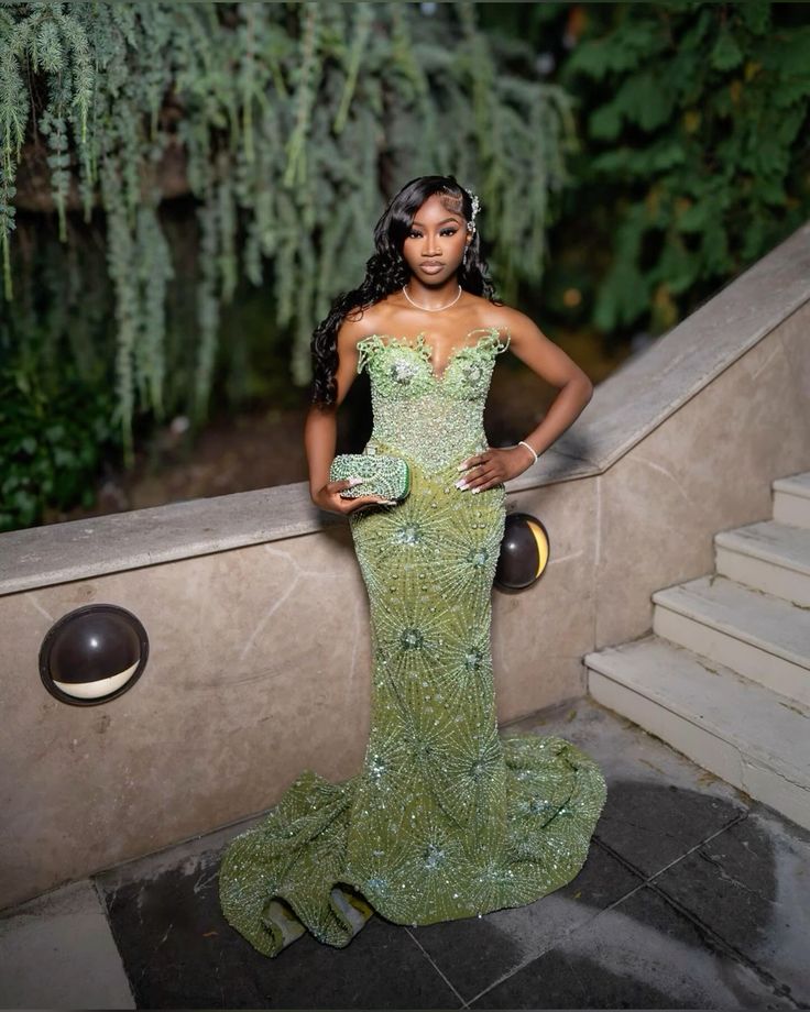 Charming Green Mermaid Off Shoulder Beaded Sequin Floor Length Formal Prom Dress Evening Gown TP2008