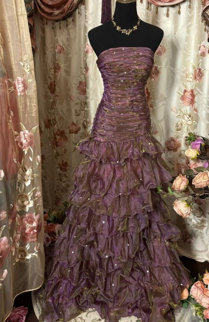 Vintage Purple A-line Off-shoulder Layered Floor-length Ball Gown Evening Dress TP2010