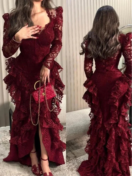 Vintage Burgundy Long Sleeve Lace High-Low Train Ball Gown Evening Dress TP2012