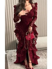 Vintage Burgundy Long Sleeve Lace High-Low Train Ball Gown Evening Dress TP2012