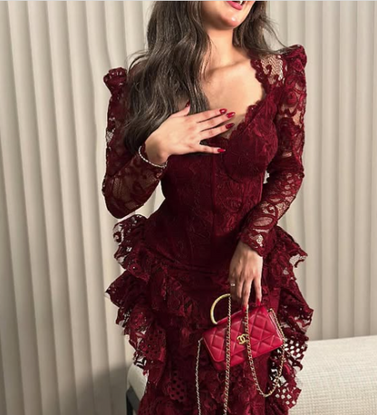 Vintage Burgundy Long Sleeve Lace High-Low Train Ball Gown Evening Dress TP2012