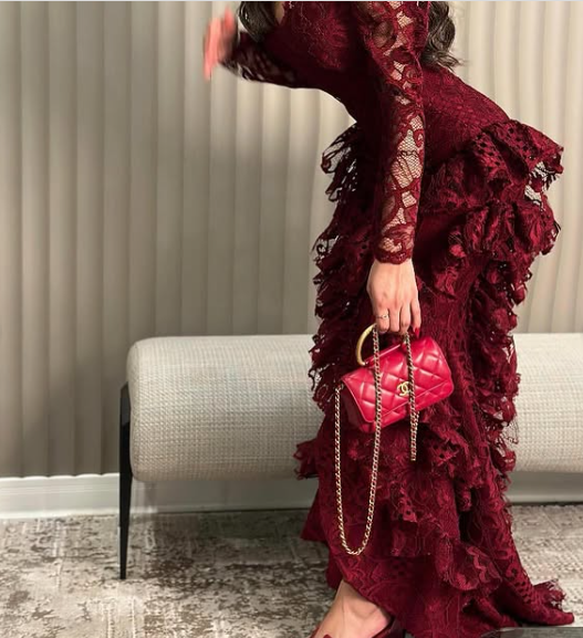 Vintage Burgundy Long Sleeve Lace High-Low Train Ball Gown Evening Dress TP2012