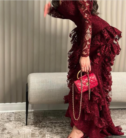 Vintage Burgundy Long Sleeve Lace High-Low Train Ball Gown Evening Dress TP2012