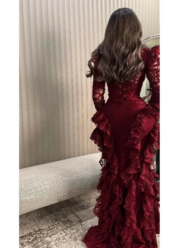 Vintage Burgundy Long Sleeve Lace High-Low Train Ball Gown Evening Dress TP2012