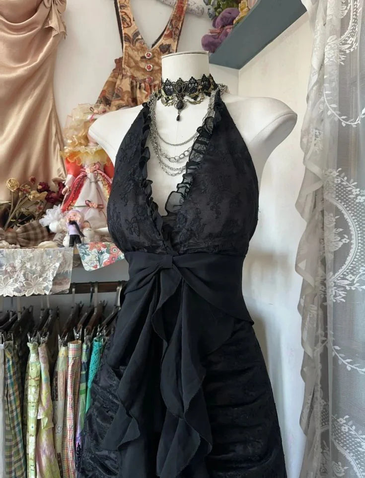 Charming Black Halter V Neck Ball Gown Evening Dress TP2013
