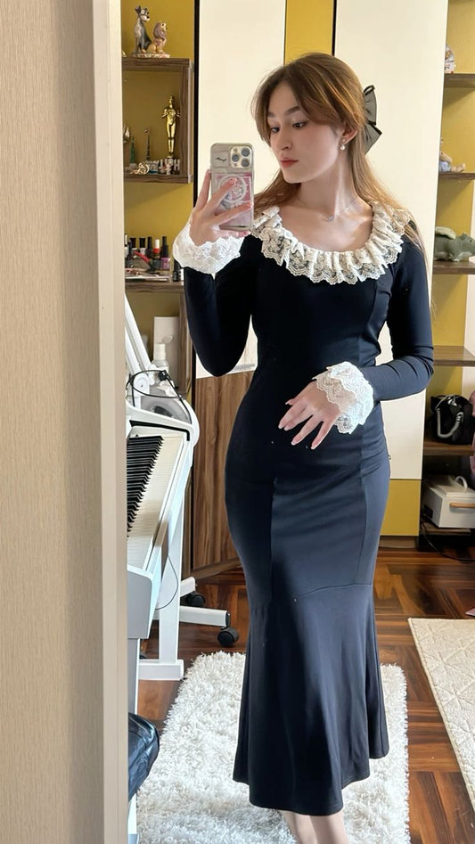 Gentle Black Mermaid Round Neck Long Sleeve Lace Edge Tea Length Ball Gown Evening Dress TP2015