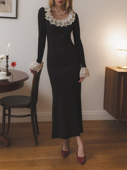 Gentle Black Mermaid Round Neck Long Sleeve Lace Edge Tea Length Ball Gown Evening Dress TP2015