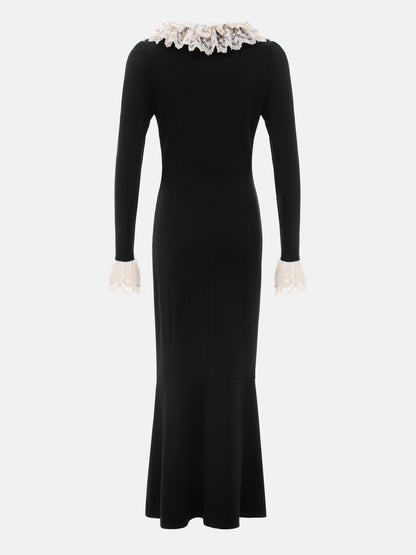 Gentle Black Mermaid Round Neck Long Sleeve Lace Edge Tea Length Ball Gown Evening Dress TP2015