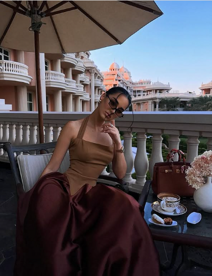 Chic Colorblock Halter Neck Satin Long Ball Gown Evening Dress TP2019