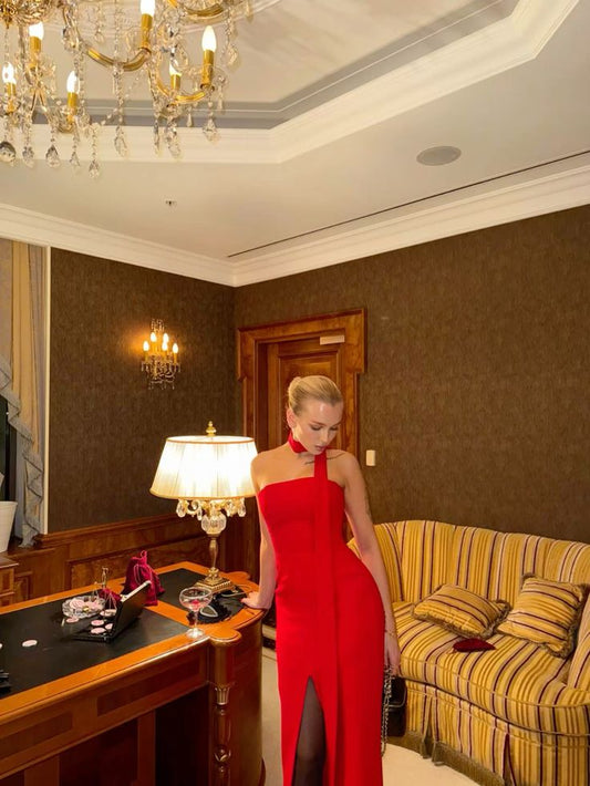 Elegant Red Strapless High Slit Mermaid Formal Prom Dress Evening Gown TP2022