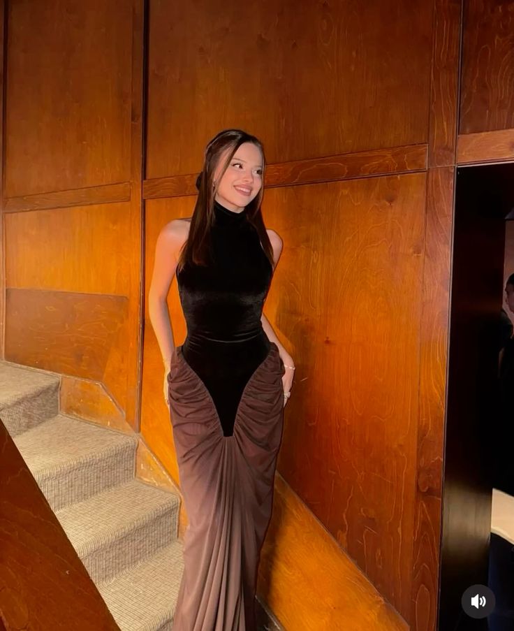 Chic Black and Brown Colorblock High Neck Off Shoulder Velvet Mermaid Length Ankle Ball Gown Evening Dress TP2023