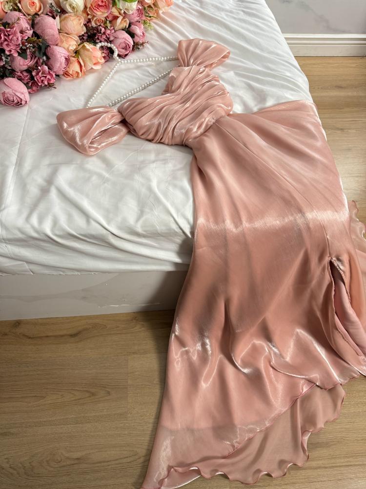 Elegant pink A-line strapless front slit floor-length ball gown evening dress TP2024