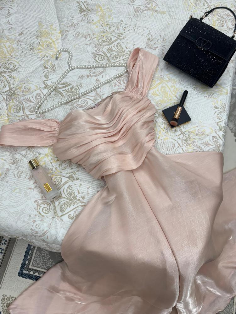 Elegant pink A-line strapless front slit floor-length ball gown evening dress TP2024