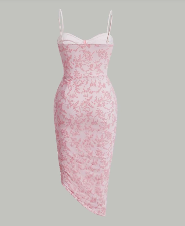 Charming Pink Strap Slit Floral Dress Homecoming Gown TP2027