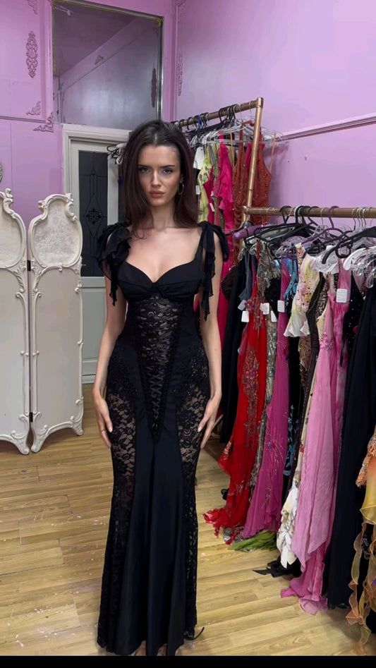 Sexy Black Mermaid Lace Strapless Chiffon Edge Ball Gown Evening Dress TP2030