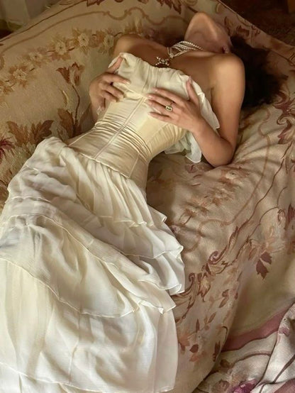 Elegant Ivory Strapless A-Line Tulle Evening Gown Wedding Dress TP2034