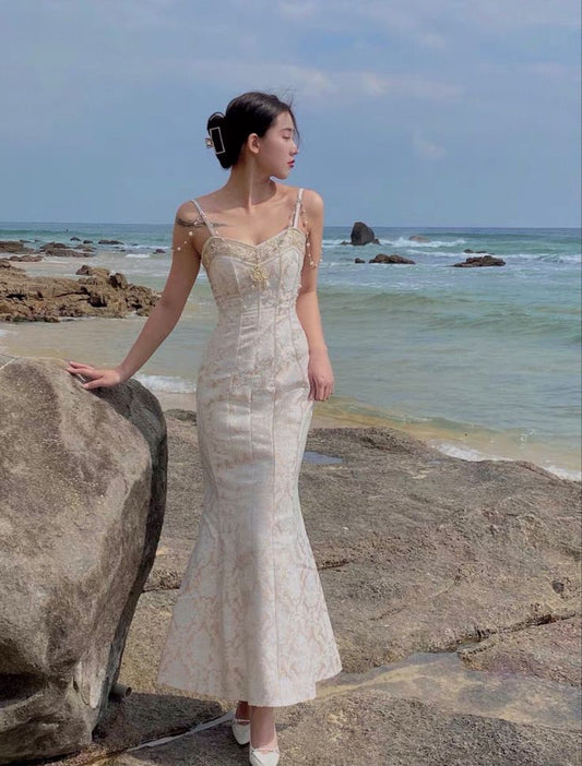 Vintage Ivory Mermaid Spaghetti Strap Pearl Lace Ankle-Length Ball Gown Evening Dress TP2039