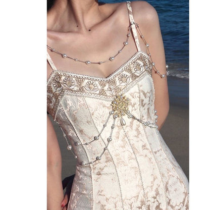 Vintage Ivory Mermaid Spaghetti Strap Pearl Lace Ankle-Length Ball Gown Evening Dress TP2039