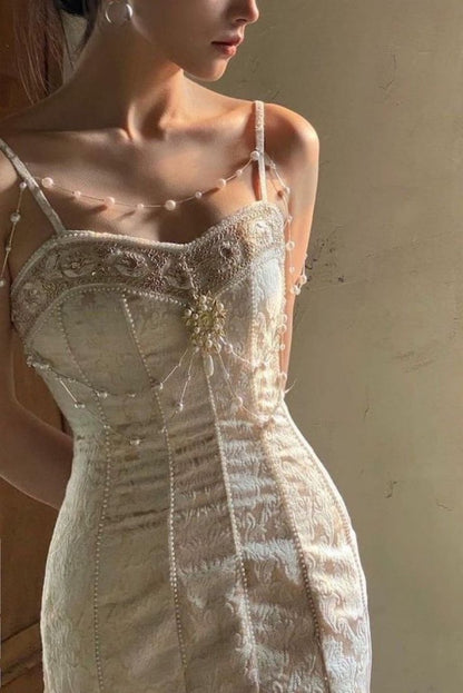 Vintage Ivory Mermaid Spaghetti Strap Pearl Lace Ankle-Length Ball Gown Evening Dress TP2039