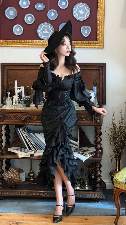 Vintage Black Mermaid Long Sleeve Ruffle Graduation Gown Evening Dress TP2040