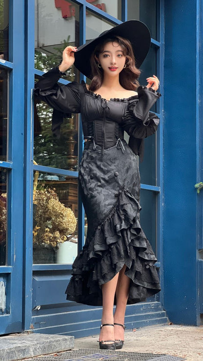 Vintage Black Mermaid Long Sleeve Ruffle Graduation Gown Evening Dress TP2040
