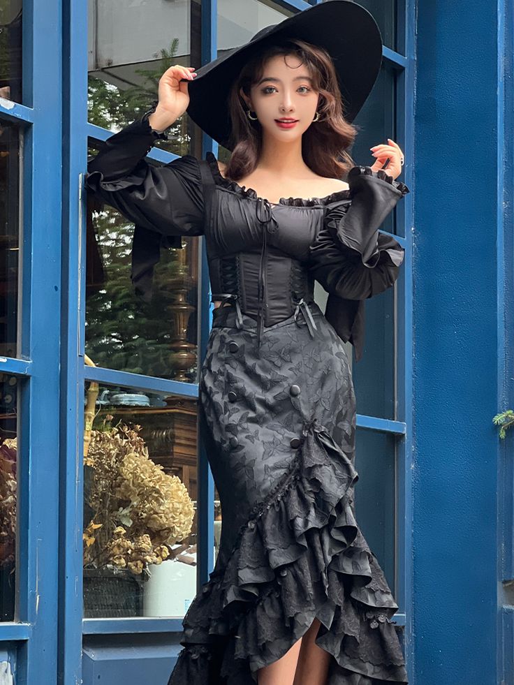 Vintage Black Mermaid Long Sleeve Ruffle Graduation Gown Evening Dress TP2040