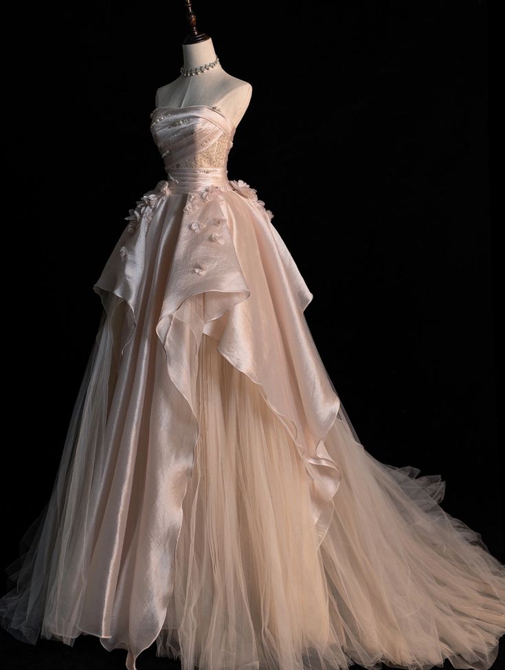 Elegant Pink A-line Strapless Pearl Tulle Floor-length Formal Prom Dress Evening Gown TP2041