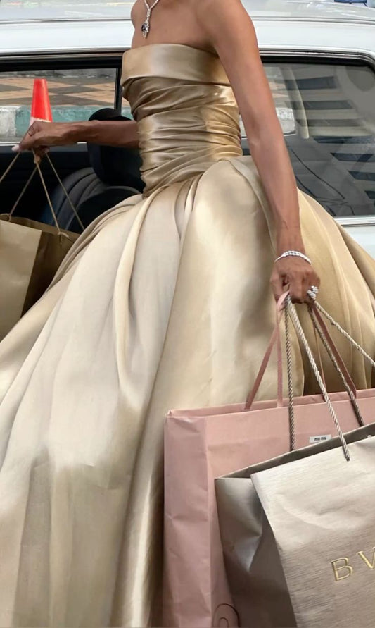 Simple Gold A-line Off-shoulder Sleeveless Satin Formal Floor-length Ball Gown Evening Dress TP2042