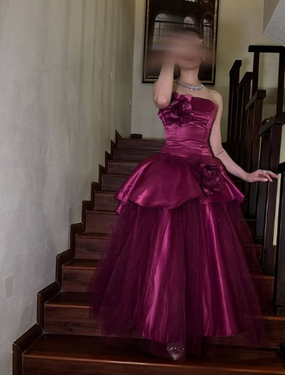 Rose Pink A-line Off-shoulder Sleeveless Satin 3D Floral Tulle Formal Prom Dress Evening Gown TP2044