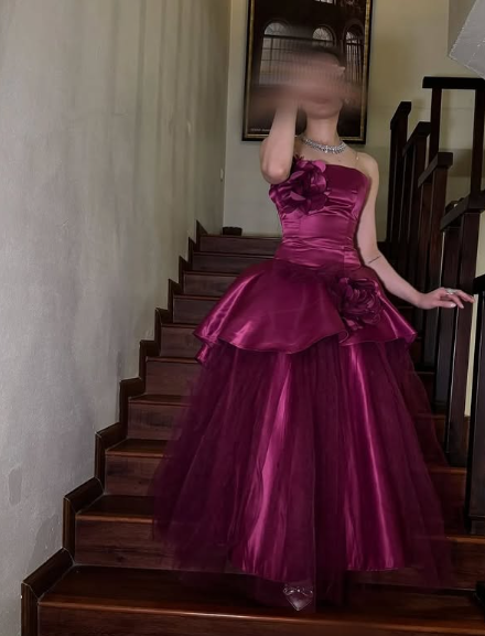 Rose Pink A-line Off-shoulder Sleeveless Satin 3D Floral Tulle Formal Prom Dress Evening Gown TP2044