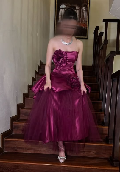 Rose Pink A-line Off-shoulder Sleeveless Satin 3D Floral Tulle Formal Prom Dress Evening Gown TP2044