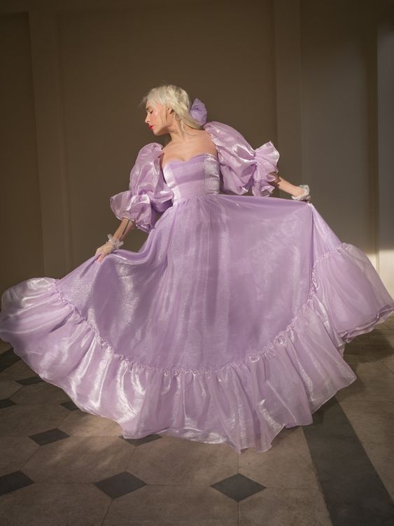 Charming Purple A-line Short Sleeve Flowing Floor-length Ball Gown Evening Dress TP2047